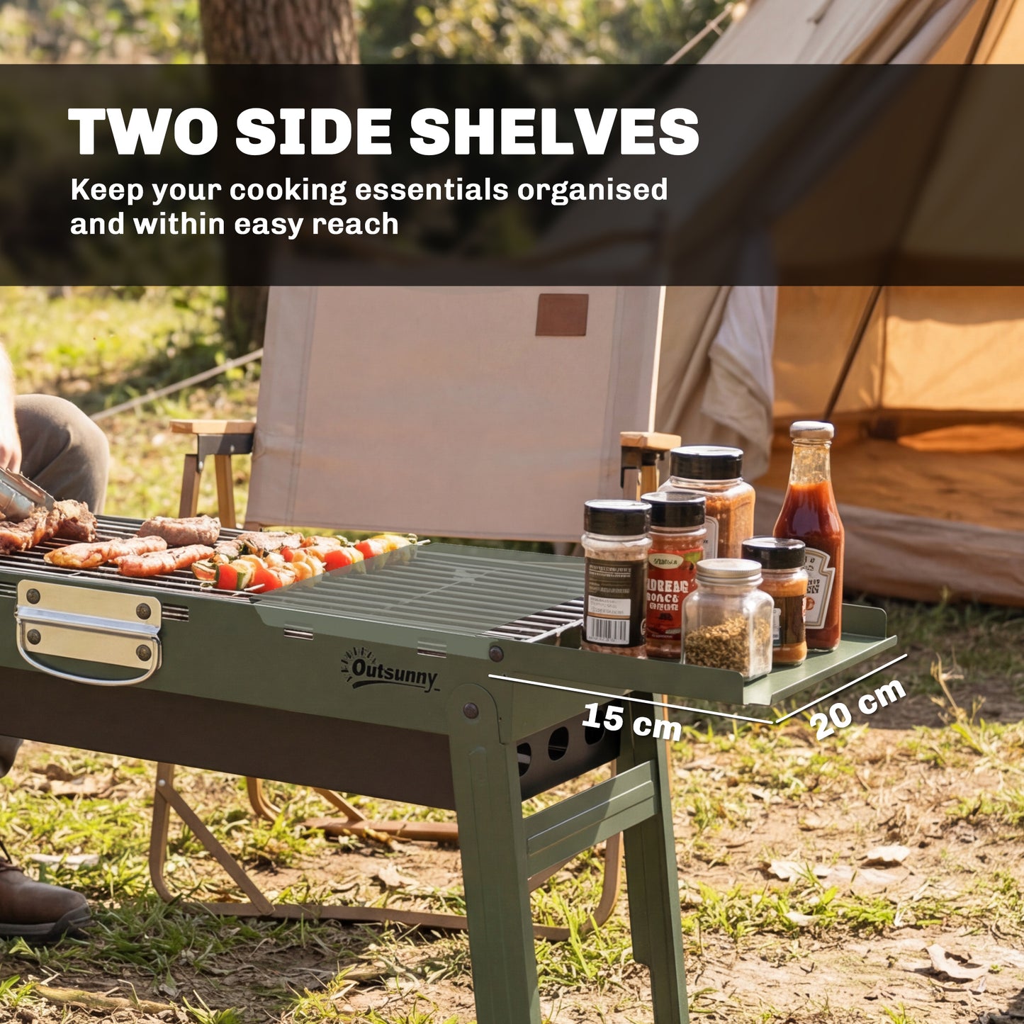 Outsunny Portable Foldable Charcoal BBQ Grill for Camping and Picnics with Two Side Shelves and Handle Green