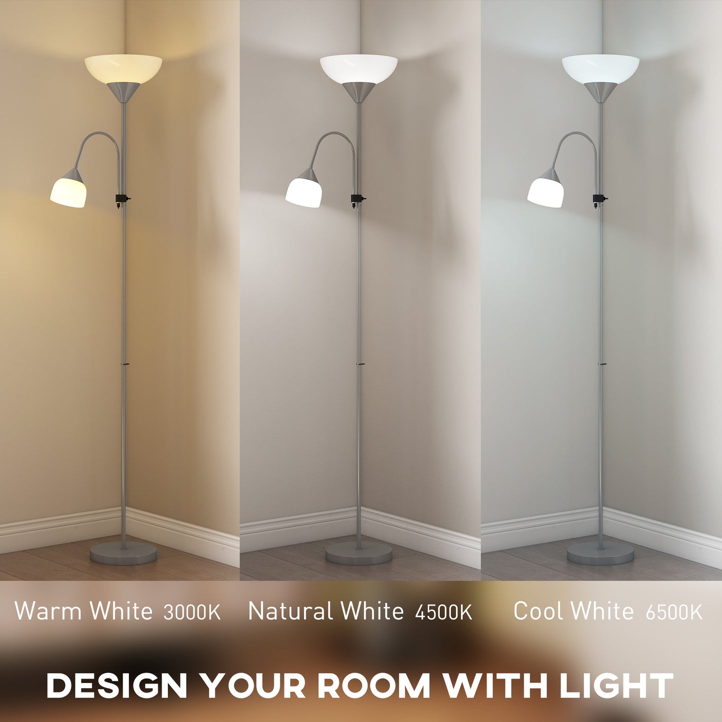 HOMCOM LED Floor Lamp 180cm Living Room Mother And Child Uplighter Adjustable Gooseneck 3000K 4500K 6500K Silver