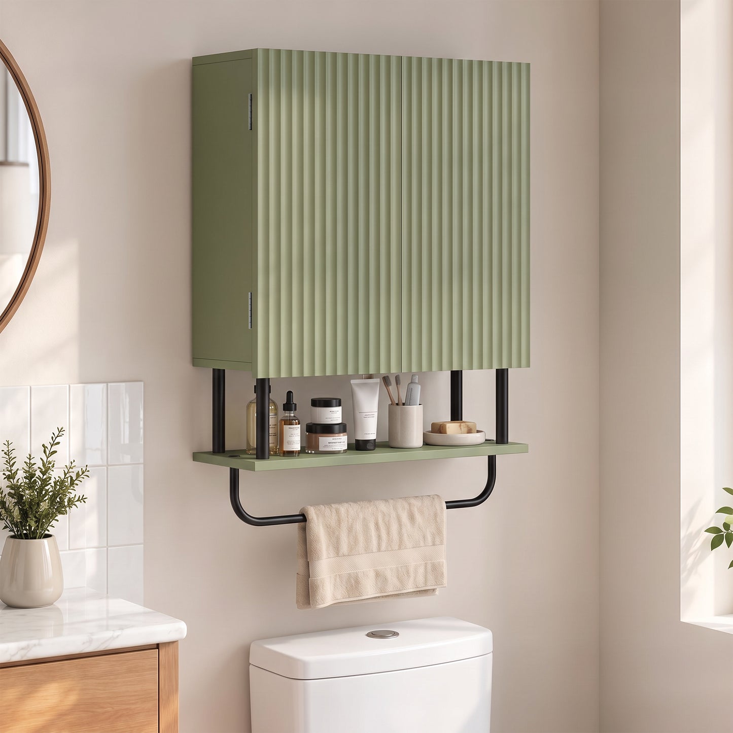 Homcom Bathroom Wall Cabinet With Storage Shelf And Towel Bar Green