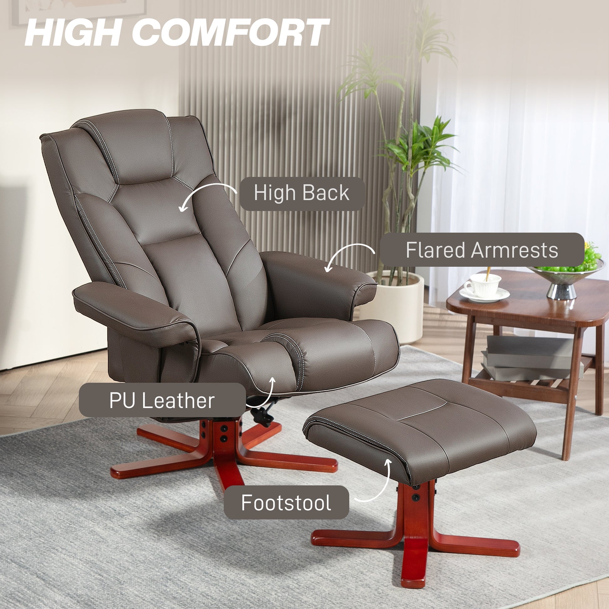 HOMCOM Brown Faux Leather Reclining Armchair and Ottoman Set - ALL4U RETAILER LTD