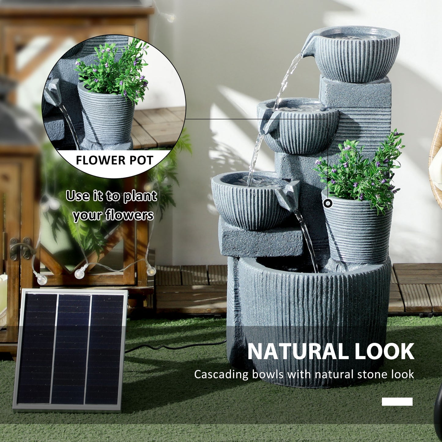 Outsunny Solar Powered Outdoor Water Fountain Four Tier Zen Garden Decoration Dark Grey
