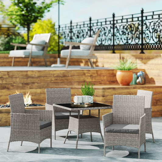 Outsunny Five Piece Rattan Dining Set Light Grey Four Chairs With Glass Table And Cushions