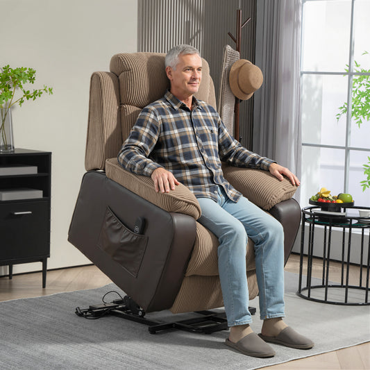 HOMCOM Overstuffed Corduroy Electric Lift Recliner Chair With USB Port And 45 Degree Recline Footrest Brown