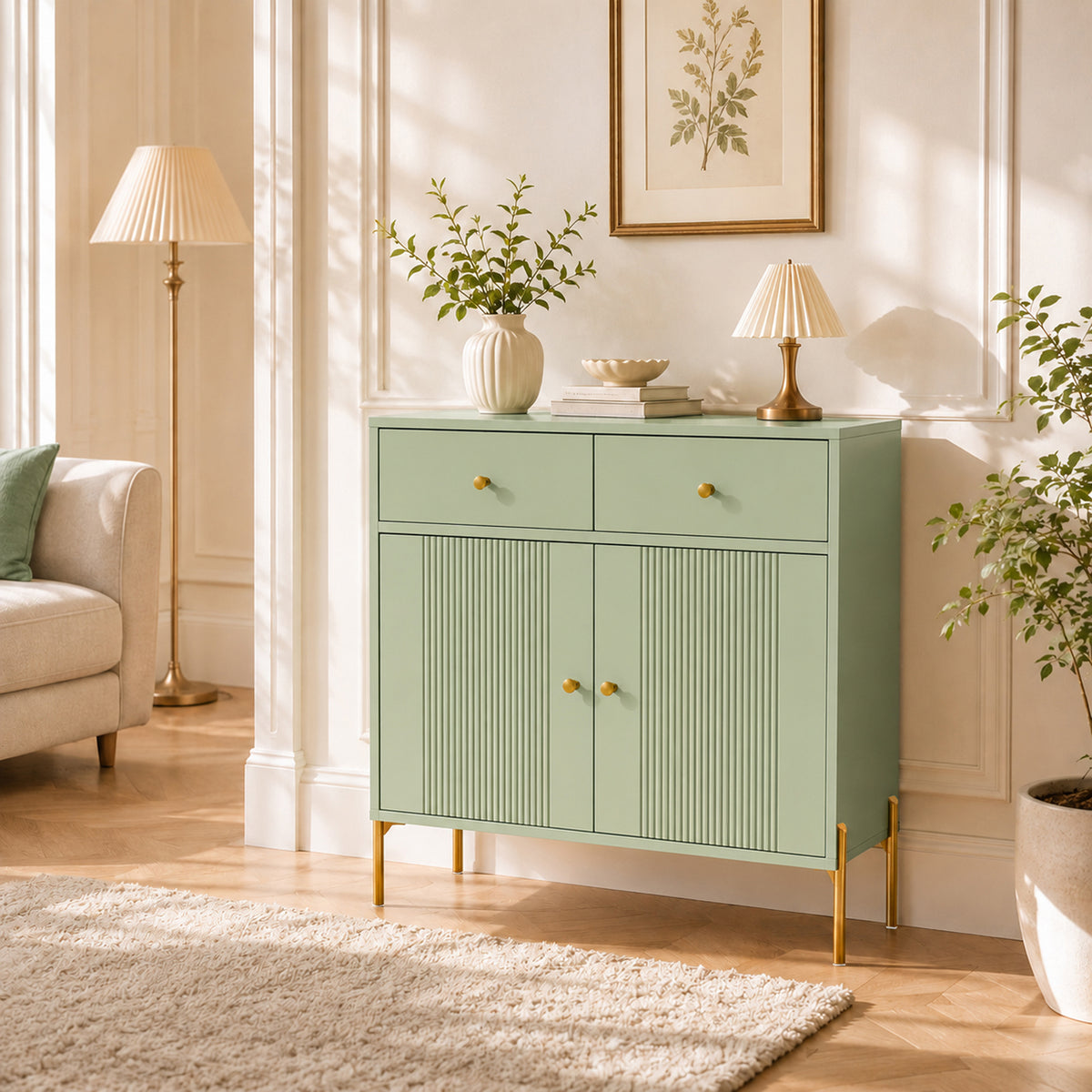 HOMCOM Light Green Sideboard Cabinet With 2 Drawers And Adjustable Shelves