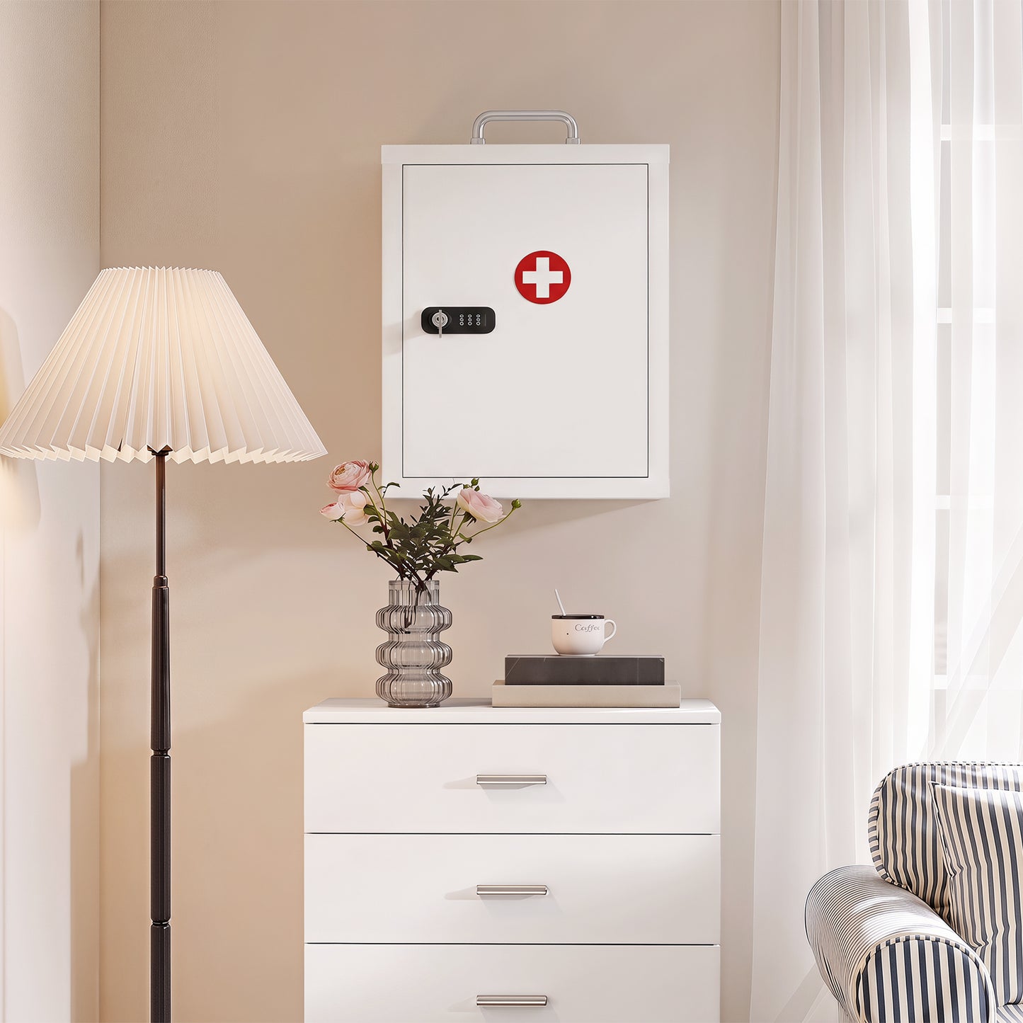 HOMCOM Wall Mount Medicine Cabinet With Combination Lock And Key Lock 3 Tier Steel First Aid Cabinet White