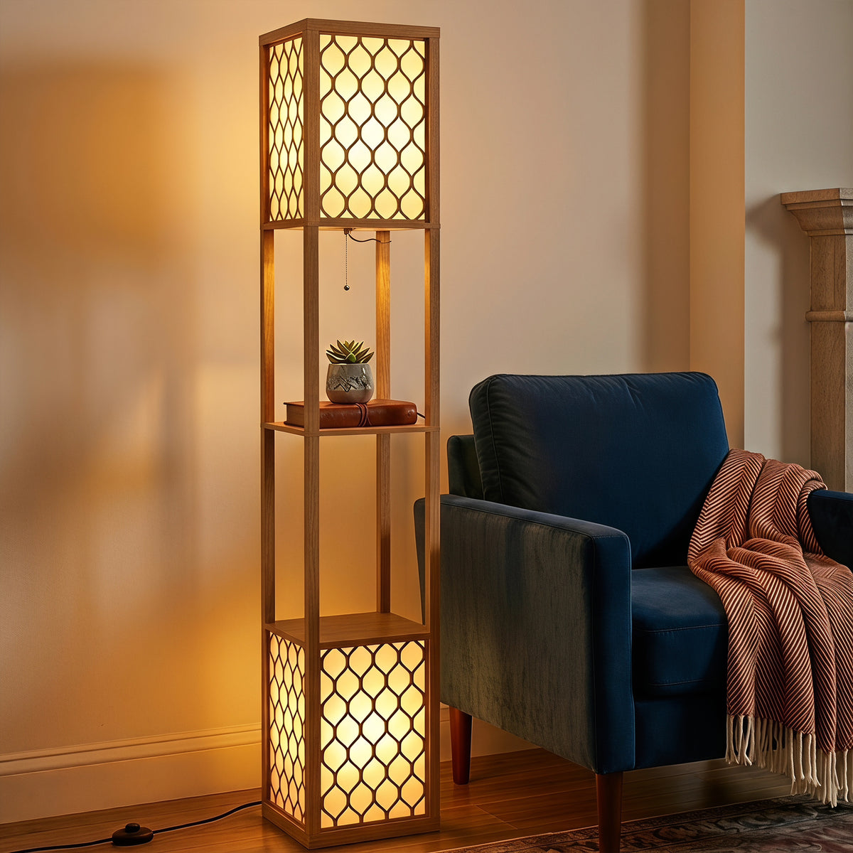 Standing dual head floor lamp with lattice side panels and small top storage shelf