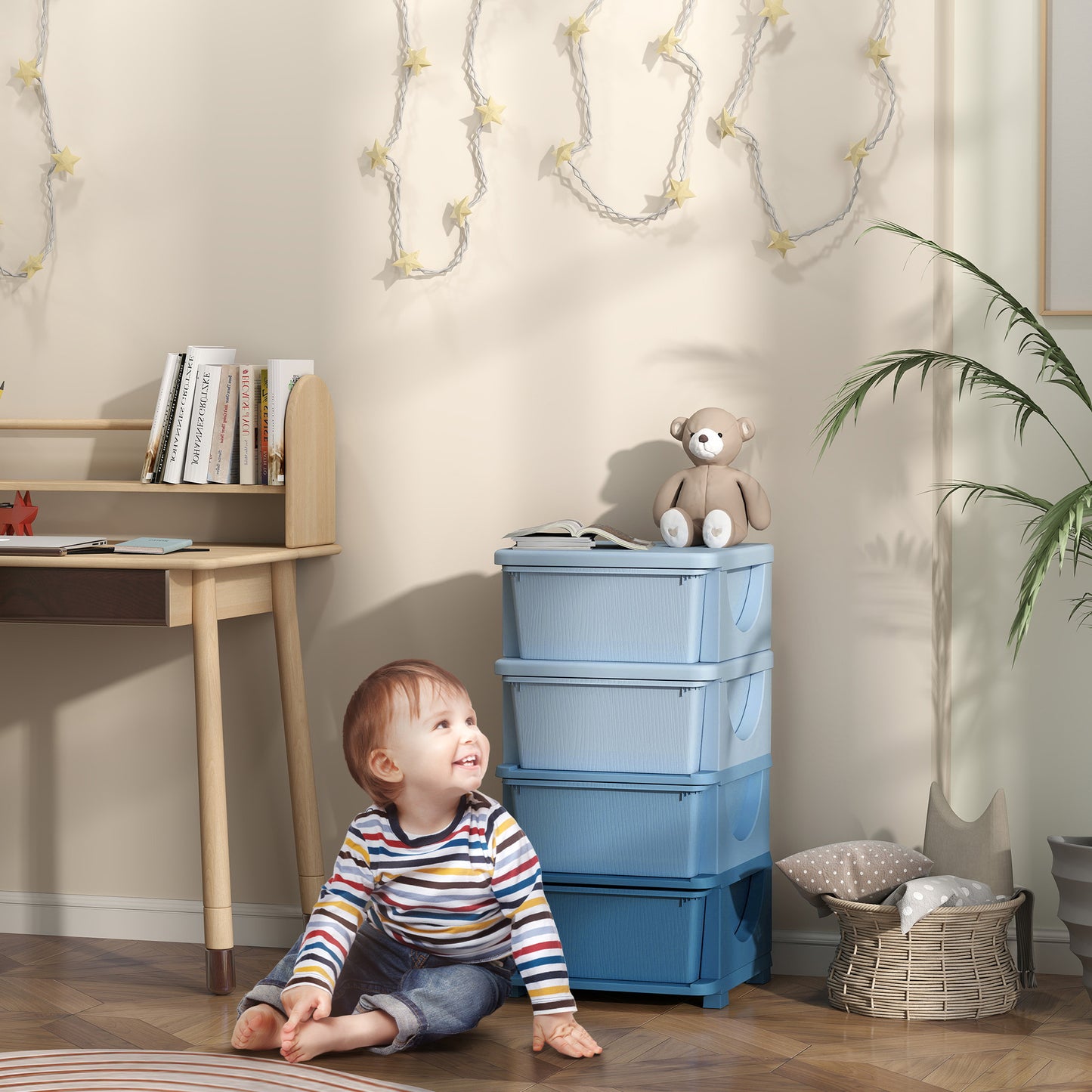 HOMCOM Four Tier Kids Storage Boxes With Four Drawers Blue PP Easy Clean Toy Organizer For Toys Books