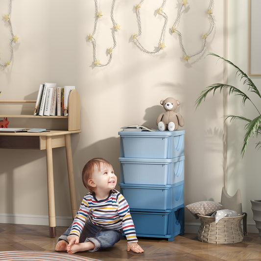 HOMCOM Four Tier Kids Storage Boxes With Four Drawers Blue PP Easy Clean Toy Organizer For Toys Books