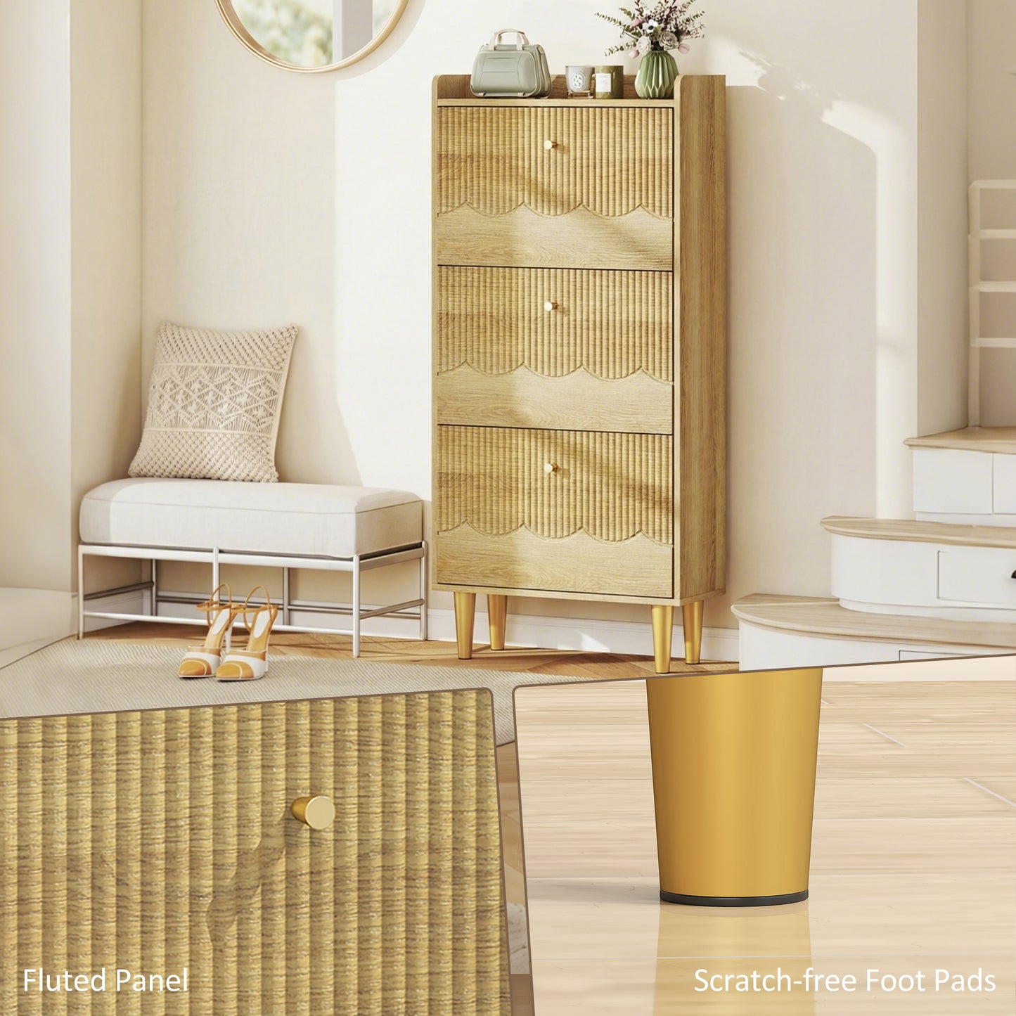 HOMCOM Narrow Shoe Cabinet Modern Shoe Storage With 3 Flip Drawers Oak Finish Slim 24cm Depth For Narrow Hallways