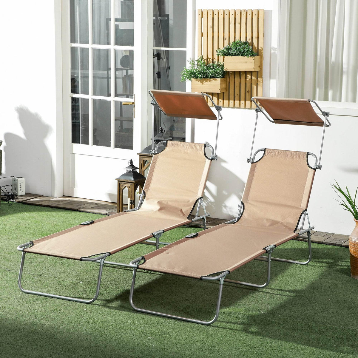 Adjustable reclining sun lounger set of 2 with tan fabric and folding metal frames