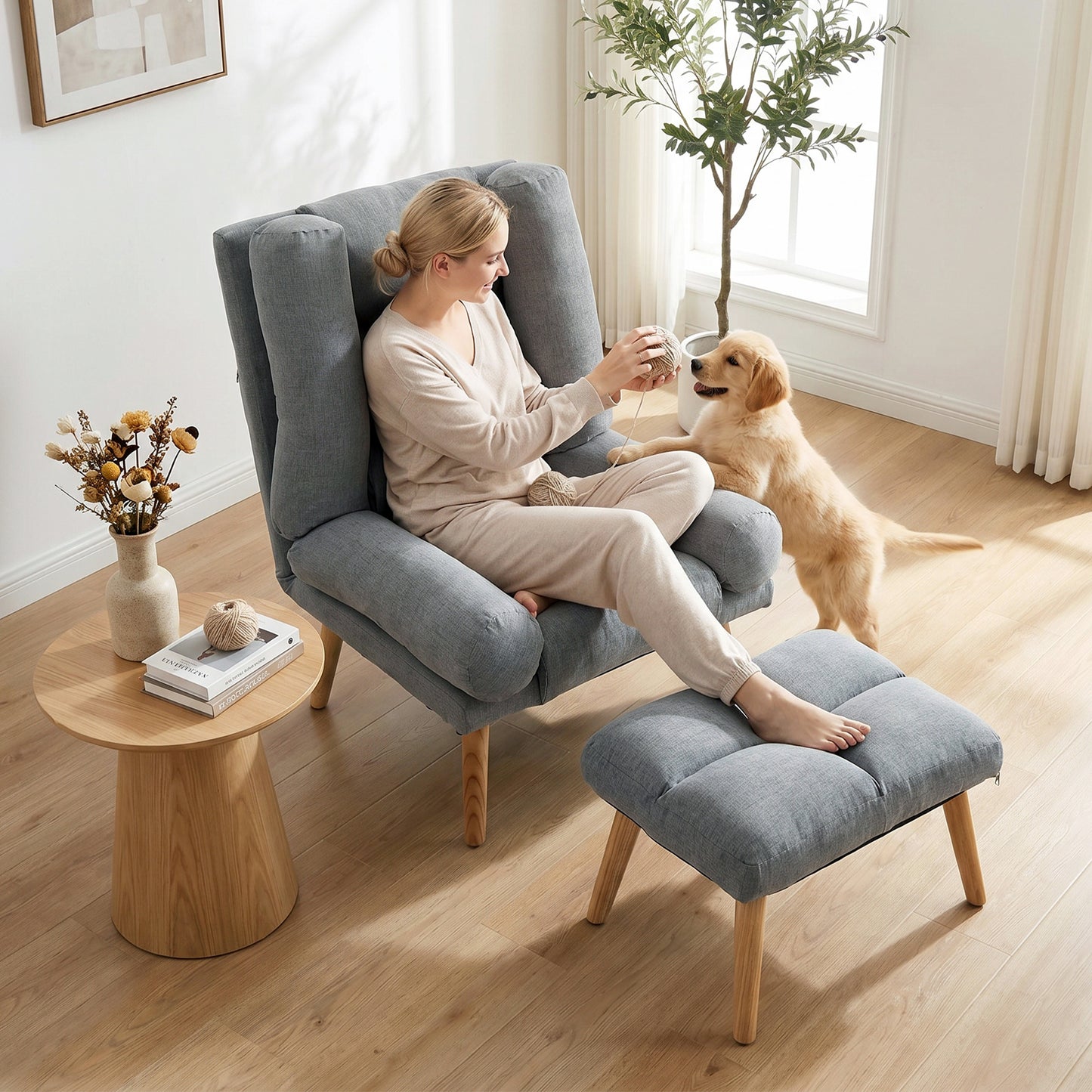 HOMCOM Recliner Chair With Footstool Adjustable Backrest Thick Cushion And Wooden Legs Grey