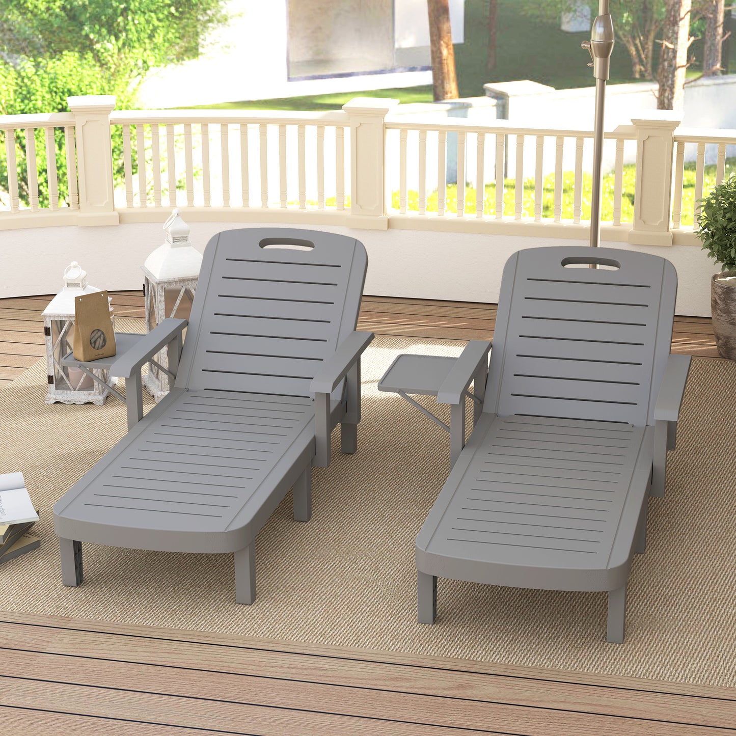 Outsunny 2 Pack Resin Sun Loungers Garden Beach 5 Position Adjustable Wood Grain Surface Foldable Table Dark Grey