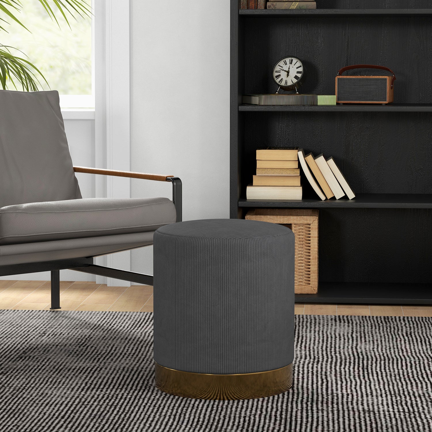 HOMCOM Charcoal Grey Corduroy Round Footstool - ALL4U RETAILER LTD