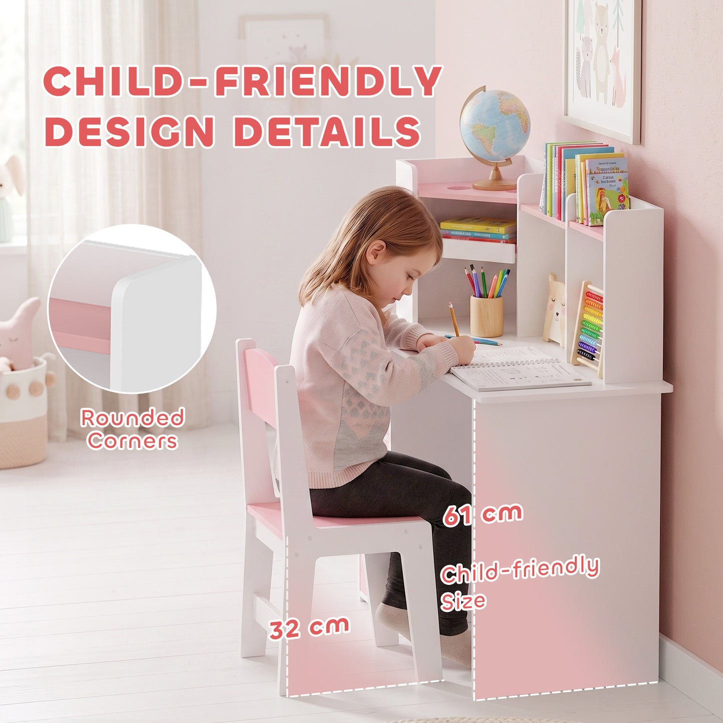 Pink Kids Desk and Chair Set with Adjustable Tablet Stand Storage Shelves