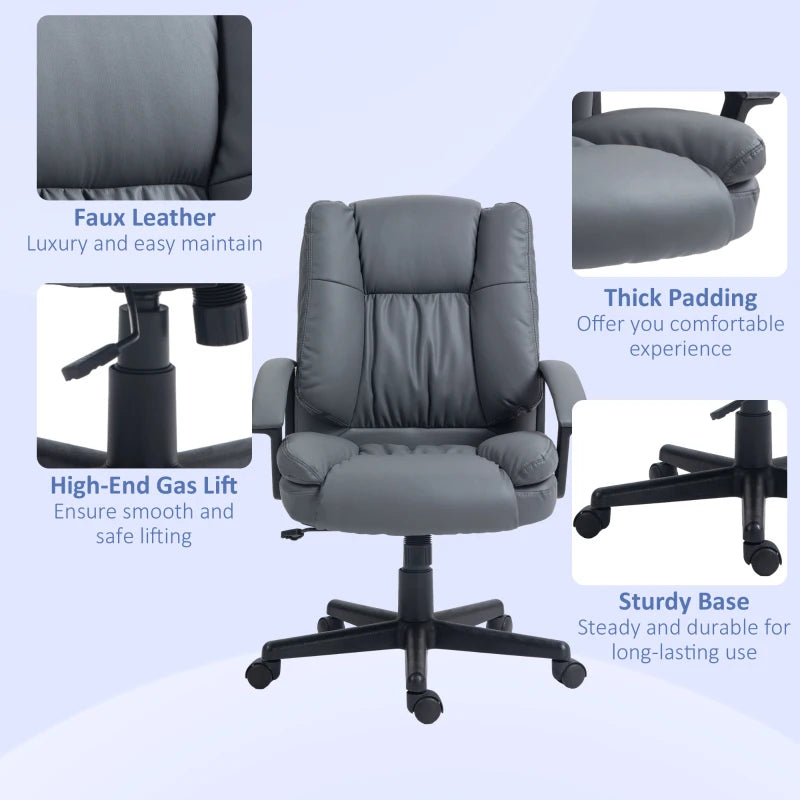 HOMCOM Office Chair - Faux Leather Computer Desk Chair, Mid Back Executive Chair with Adjustable Height and Swivel Rolling Wheels for Home Study - Dark Grey - ALL4U RETAILER LTD