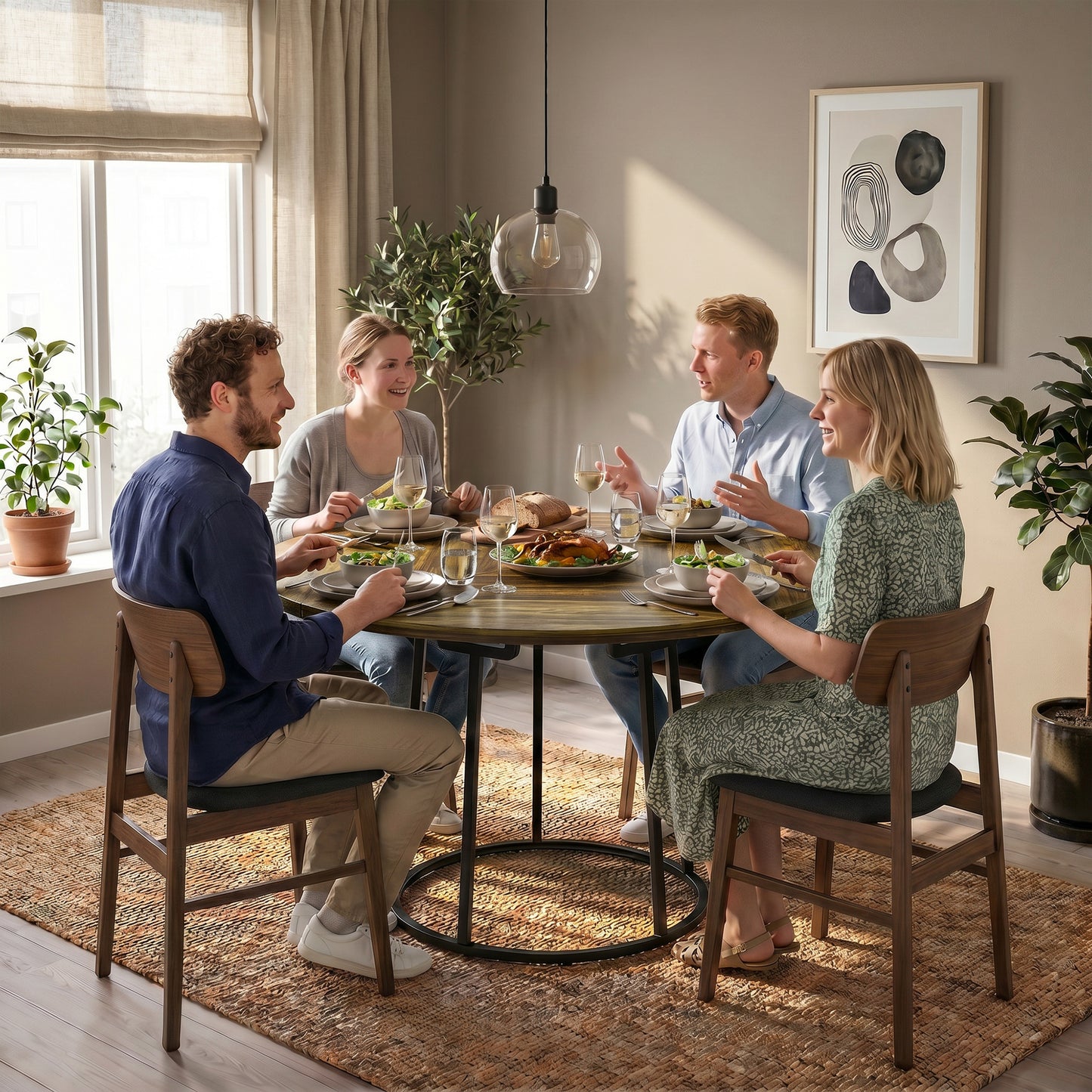HOMCOM Round Dining Table 120 cm Space Saving Kitchen Table Conical Metal Base Rustic Brown