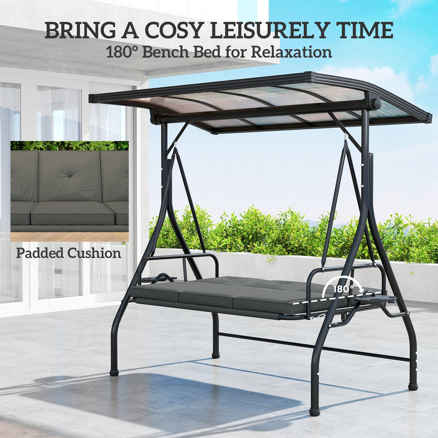 Outsunny Convertible Three Seater Swing Bench Bed With 90 Degree Canopy Side Cup Trays UPF30 Shade Dark Grey