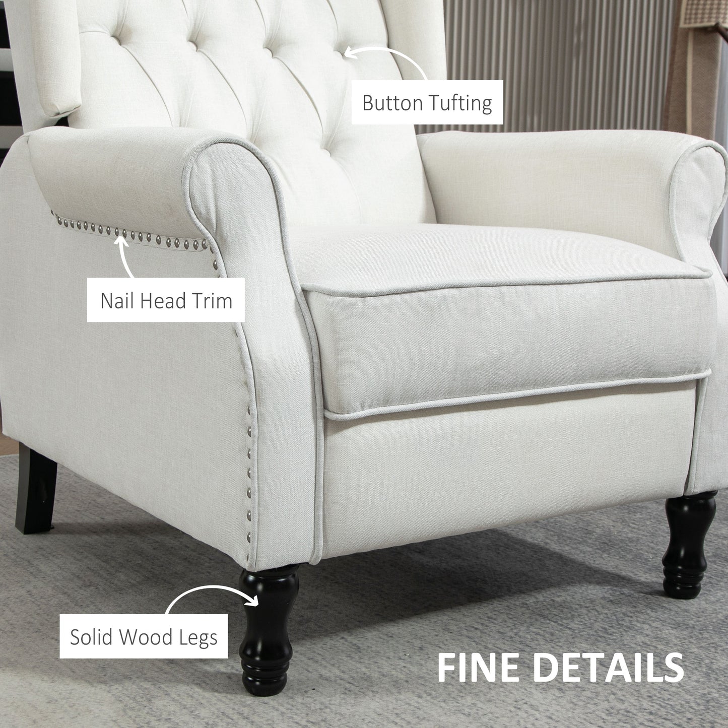 HOMCOM Vintage Cream White Recliner Armchair with Nail Head Trim and Tufted Wingback Design for Relaxation