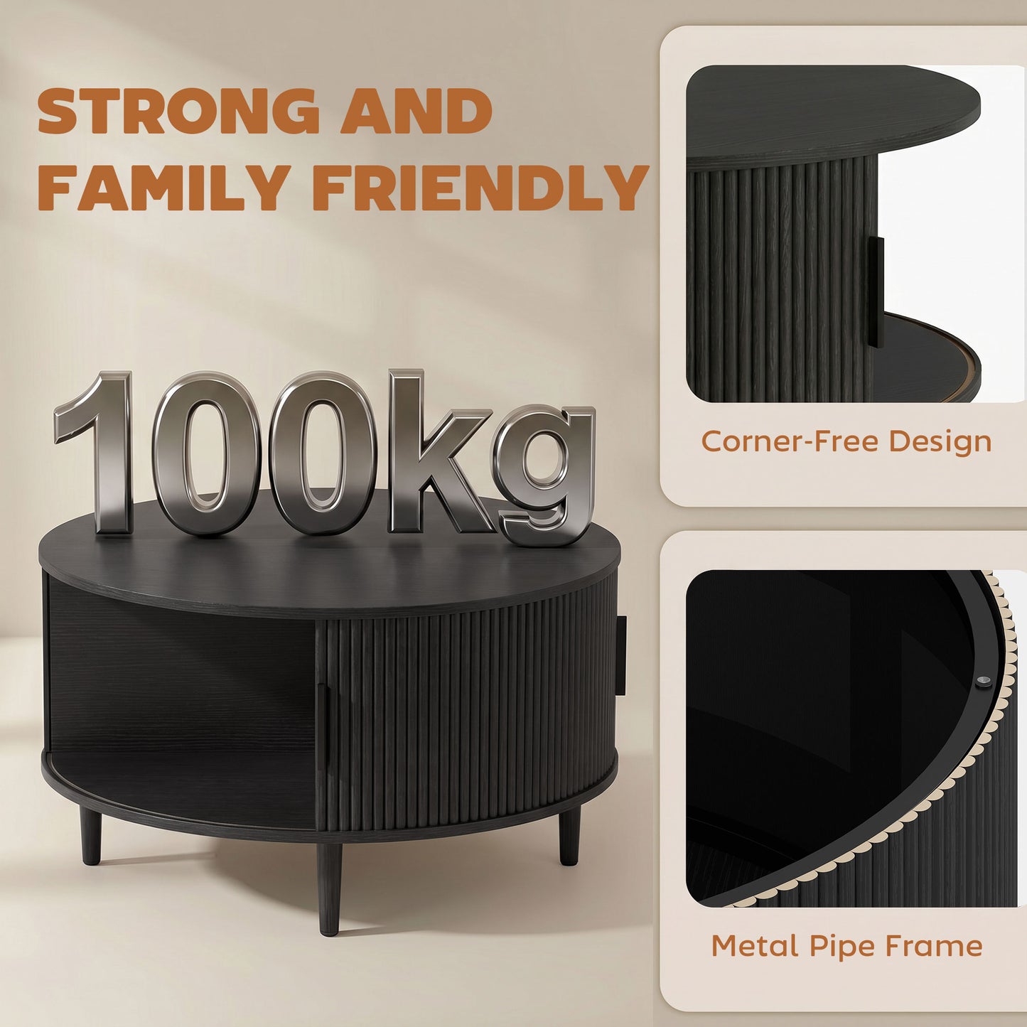 HOMCOM Lift Top Round Coffee Table With Hidden Storage And Fluted Sliding Door 80 cm Black Wood Effect