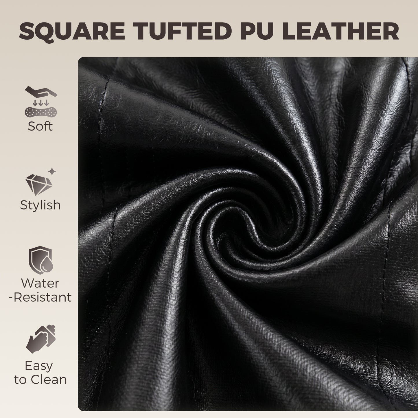 Black square-tufted PU leather upholstery, textured fabric panel close-up
