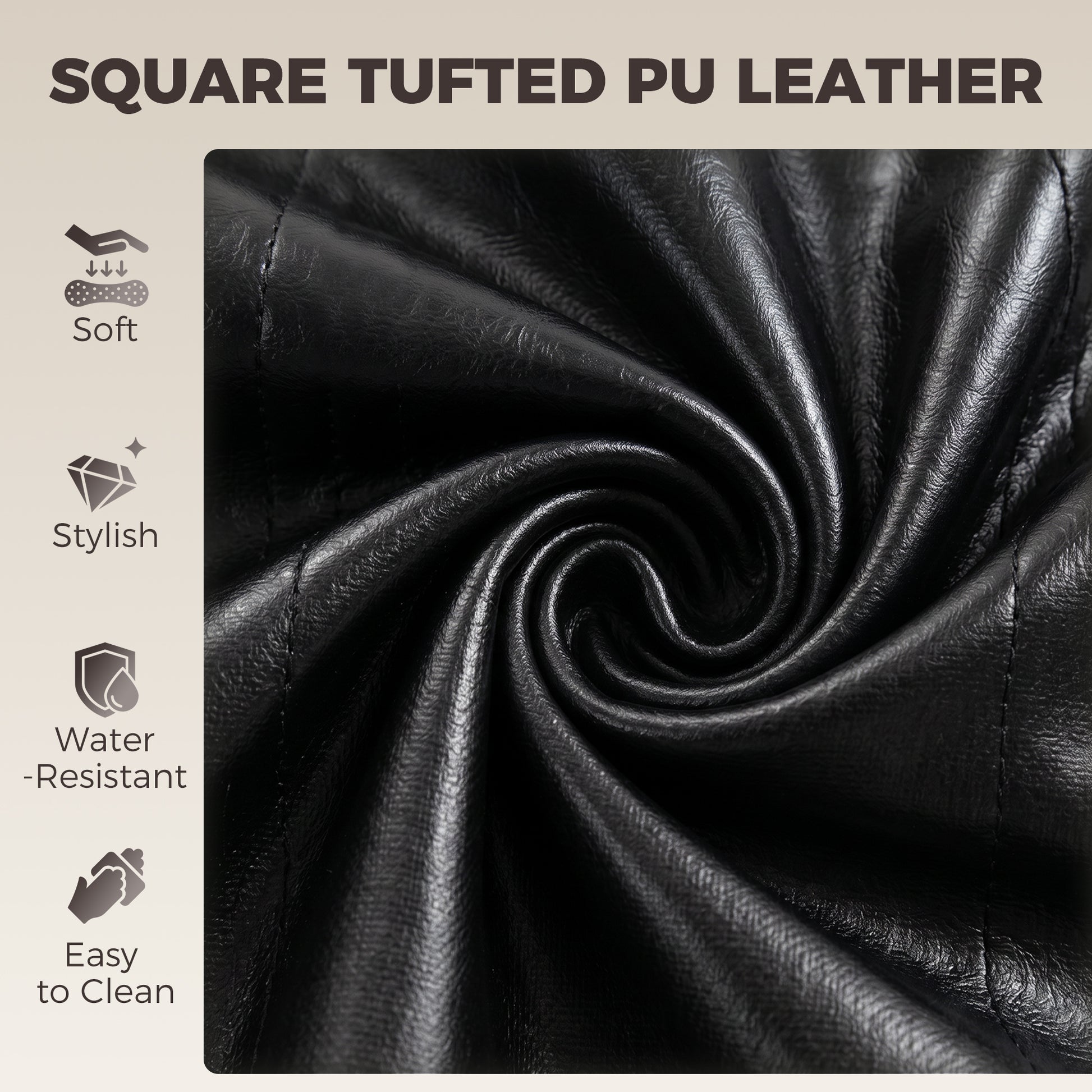 Black square-tufted PU leather upholstery, textured fabric panel close-up
