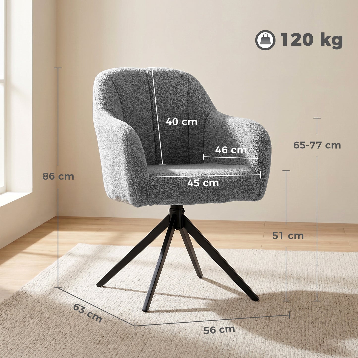HOMCOM 360 Degree Swivel Accent Chair Snow Flannel Armchair Grey Premium Padded Foam Comfort For Reading