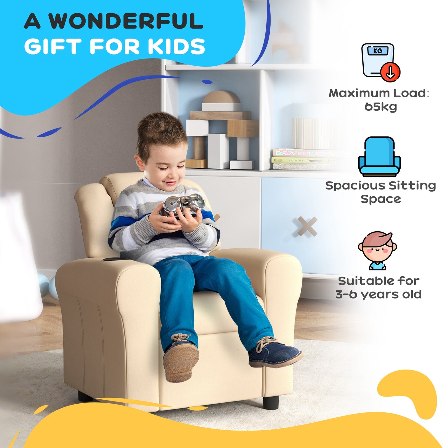 HOMCOM Kids Recliner Chair PU Leather With Adjustable Backrest And Footrest Padded Headrest Pink