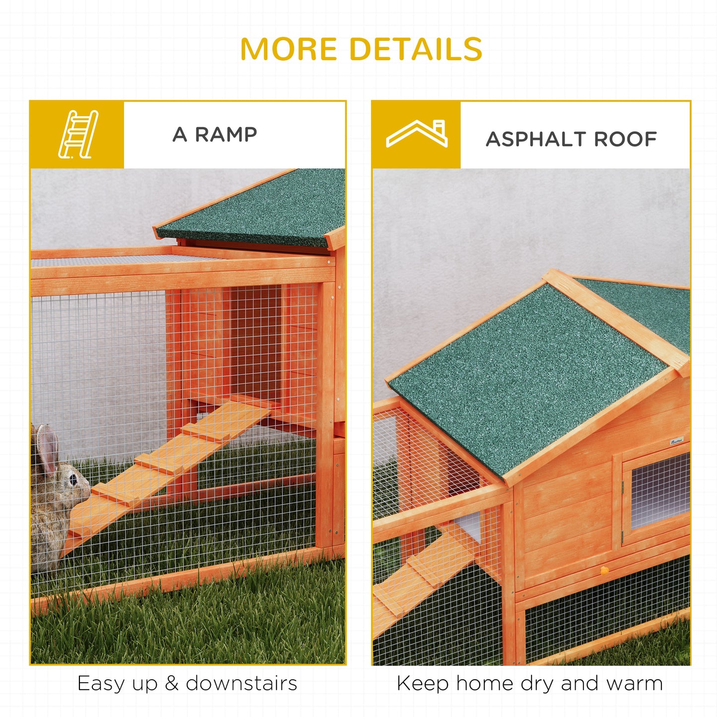 PawHut Wooden Rabbit Hutch with Enclosed Run, Easy-Clean Tray, Weatherproof Roof, 309 x 70 x 87cm, Vibrant Orange - ALL4U RETAILER LTD