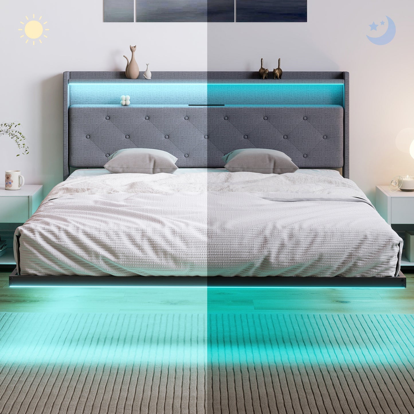 HOMCOM Floating Bed Frame With Upholstered Headboard King Size 5Ft Platform Bed RGB LED Lights And Charging Station Grey