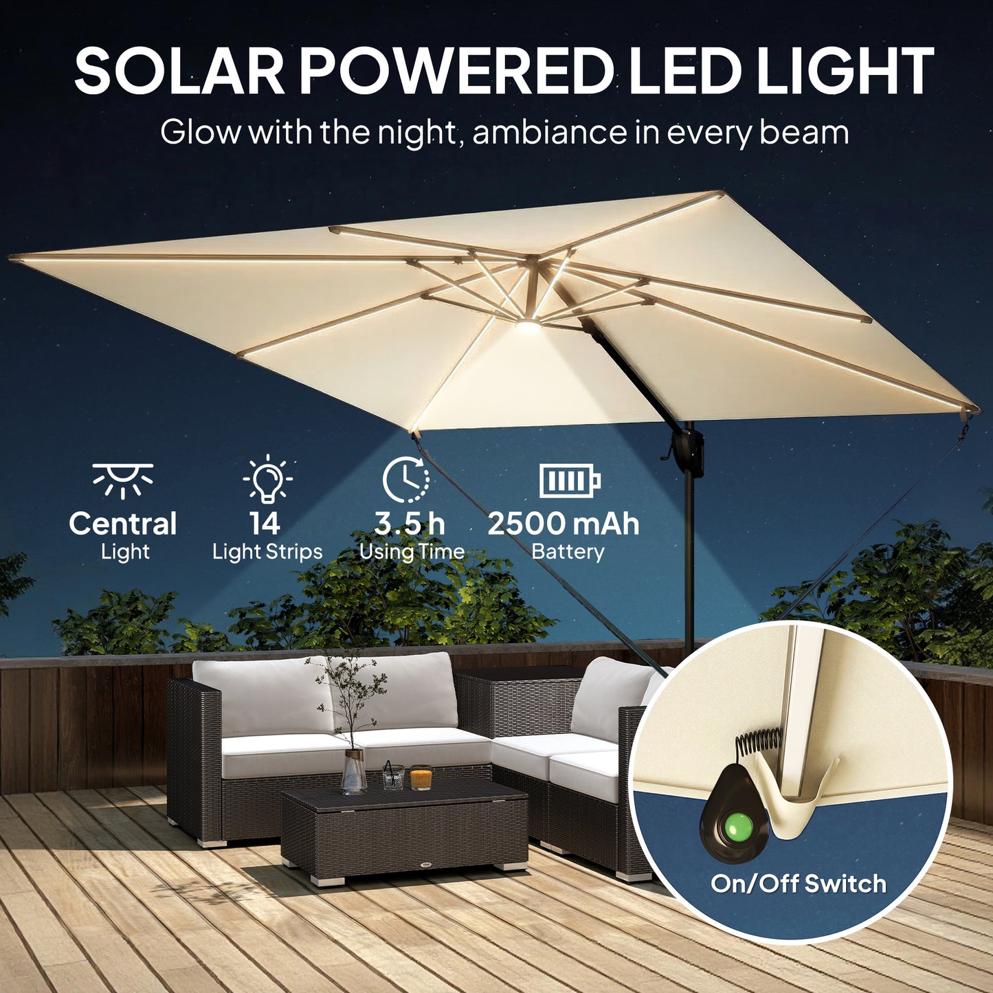 Outsunny 3 x 3 m Garden Cantilever Parasol With Light Cover UPF50 Plus Wind Protection 360 Rotation Cream White