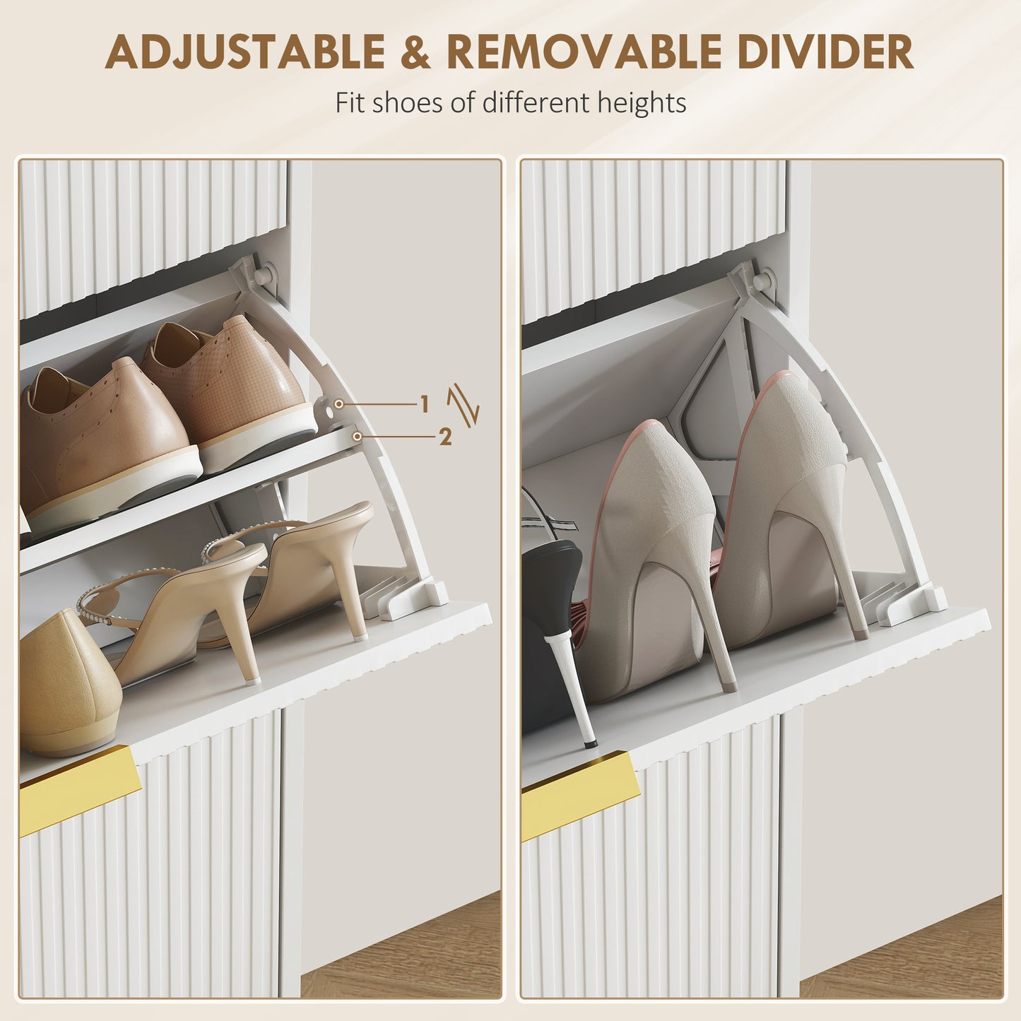 HOMCOM Elegant Three Drawer White Shoe Cabinet With Ridged Doors And Gold Accents