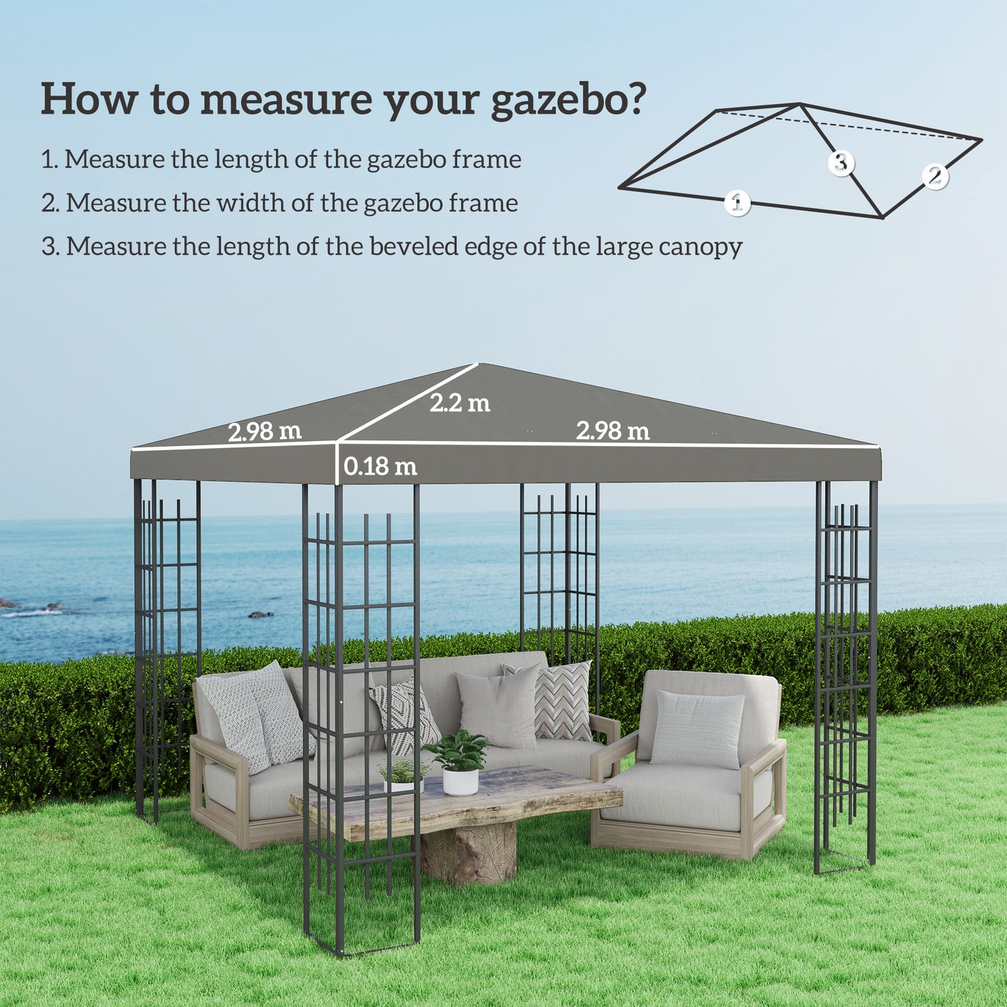 Outsunny 3 x 3m Gazebo Canopy Replacement Grey Polyester With Grommets UPF30 Protection