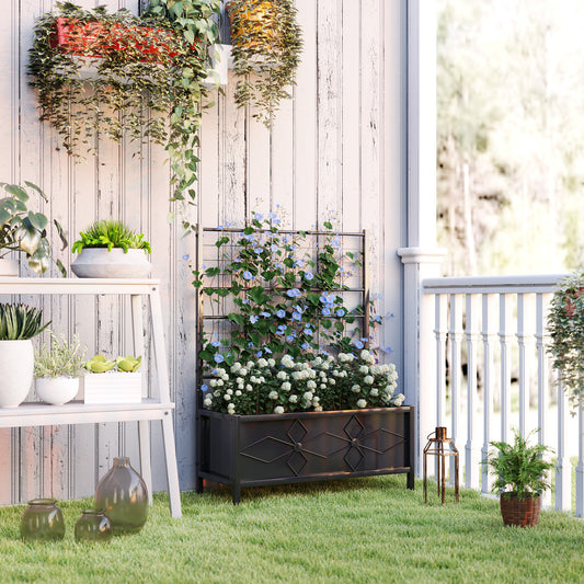 Outsunny Raised Garden Bed With Trellis Galvanised Planter Box Diamond Pattern Drainage Holes 90 x 40 x 120 cm Black
