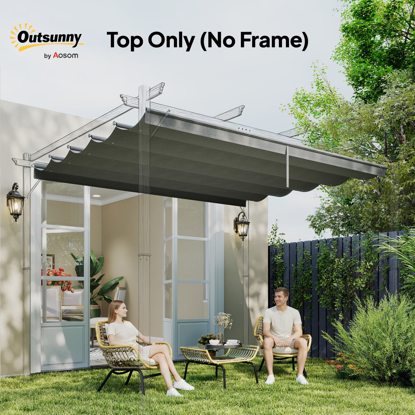 Outsunny Retractable Pergola Cover Replacement Canopy For 3x3m Frame 2.55x2.5m Roof Top Light Grey