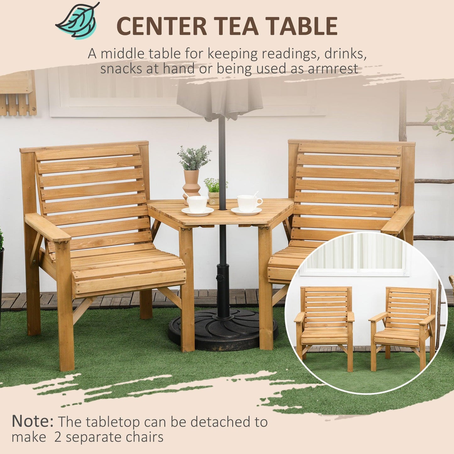 Outsunny Wooden Garden Love Seat w/ Coffee Table Umbrella Hole Partner Bench - ALL4U RETAILER LTD