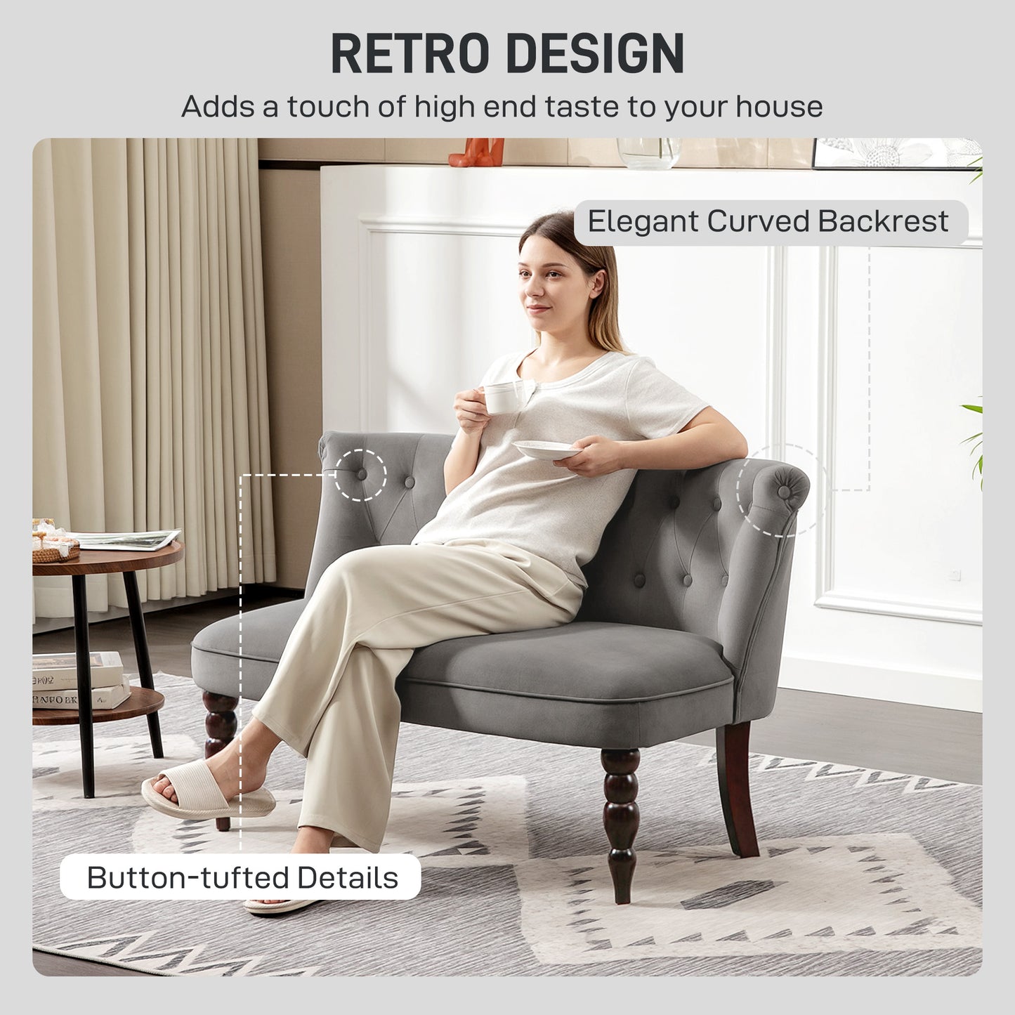 HOMCOM Velvet 2 Seater Sofa With Button Tufted Wingback Loveseat Rubber Wood Legs Charcoal Grey For Living Room