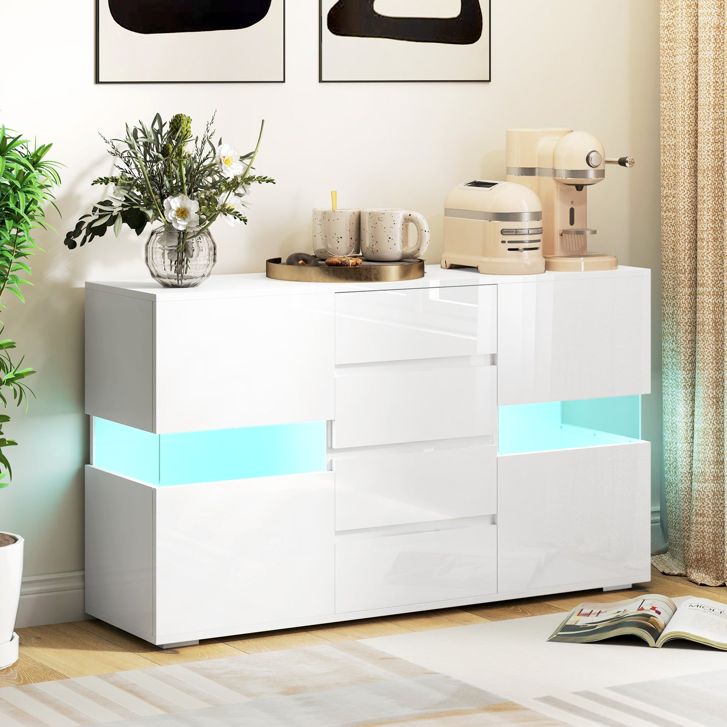 HOMCOM LED Light Sideboard High Gloss White With Four Drawers Two Side Cupboards Remote Control Color Changing Lighting