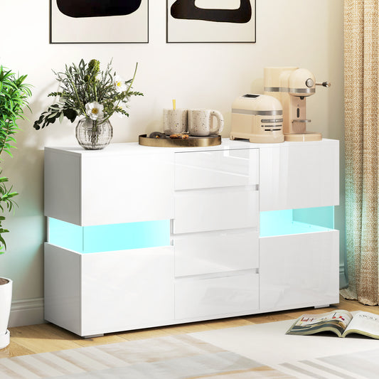 HOMCOM LED Light Sideboard High Gloss White With Four Drawers Two Side Cupboards Remote Control Color Changing Lighting