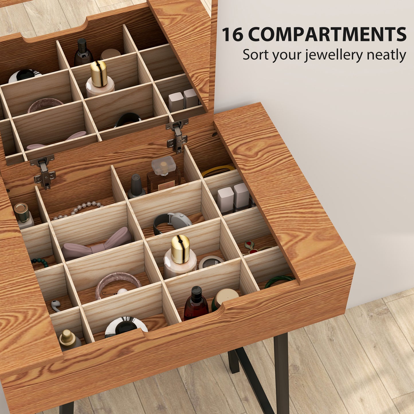 HOMCOM Vanity Desk With Flip Up Mirror And 16 Small Compartments Natural Wood Effect Dressing Table For Bedroom