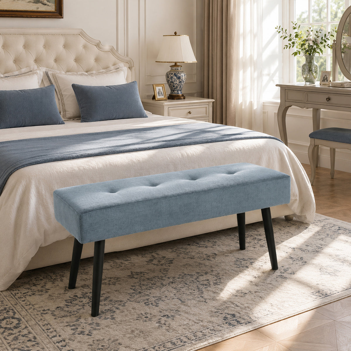 HOMCOM Blue Corduroy Tufted End Of Bed Bench With Padded Seat And Steel Legs
