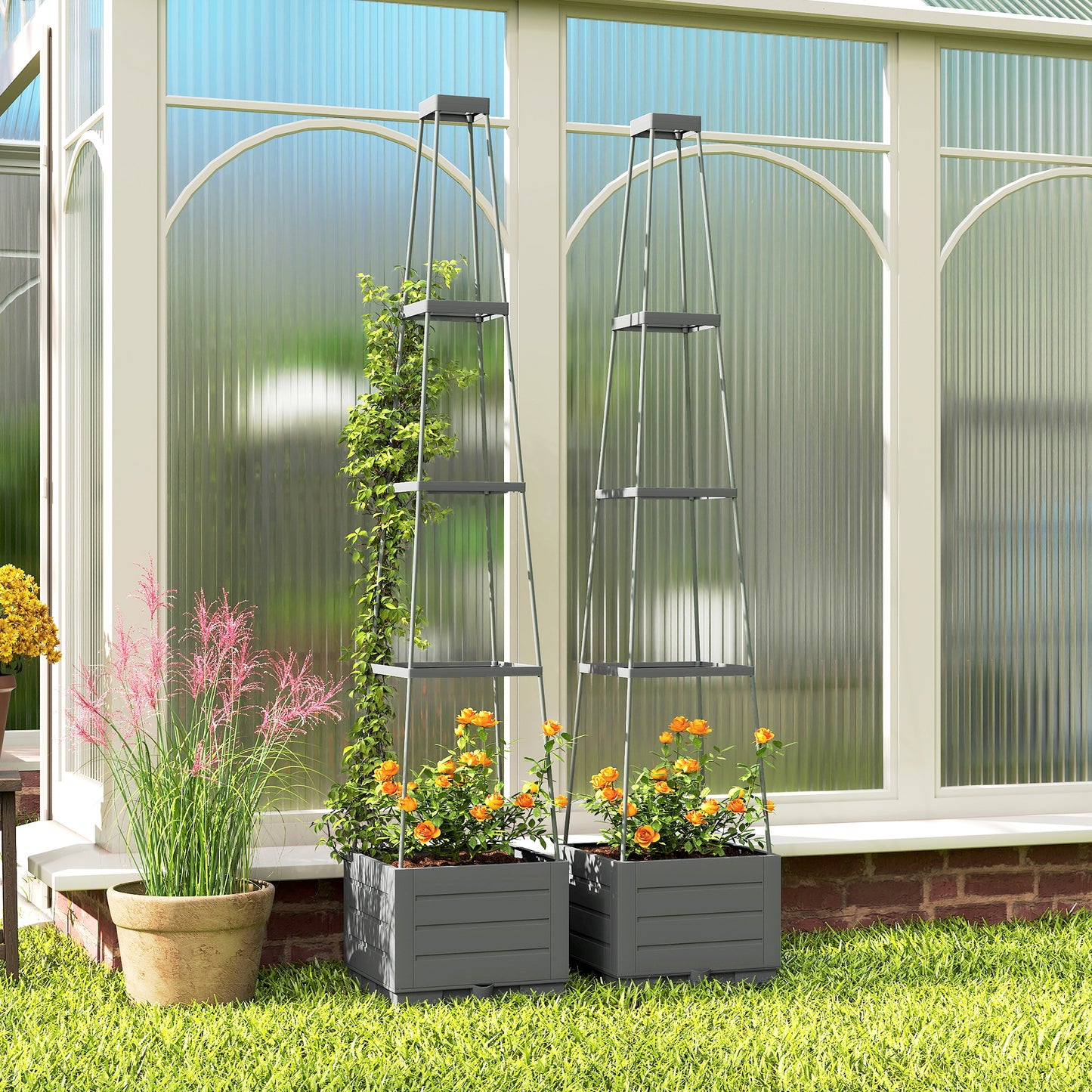 Outsunny Two Pack Raised Garden Bed With Trellis Plastic Outdoor Planter Box Removable Drainage Tray