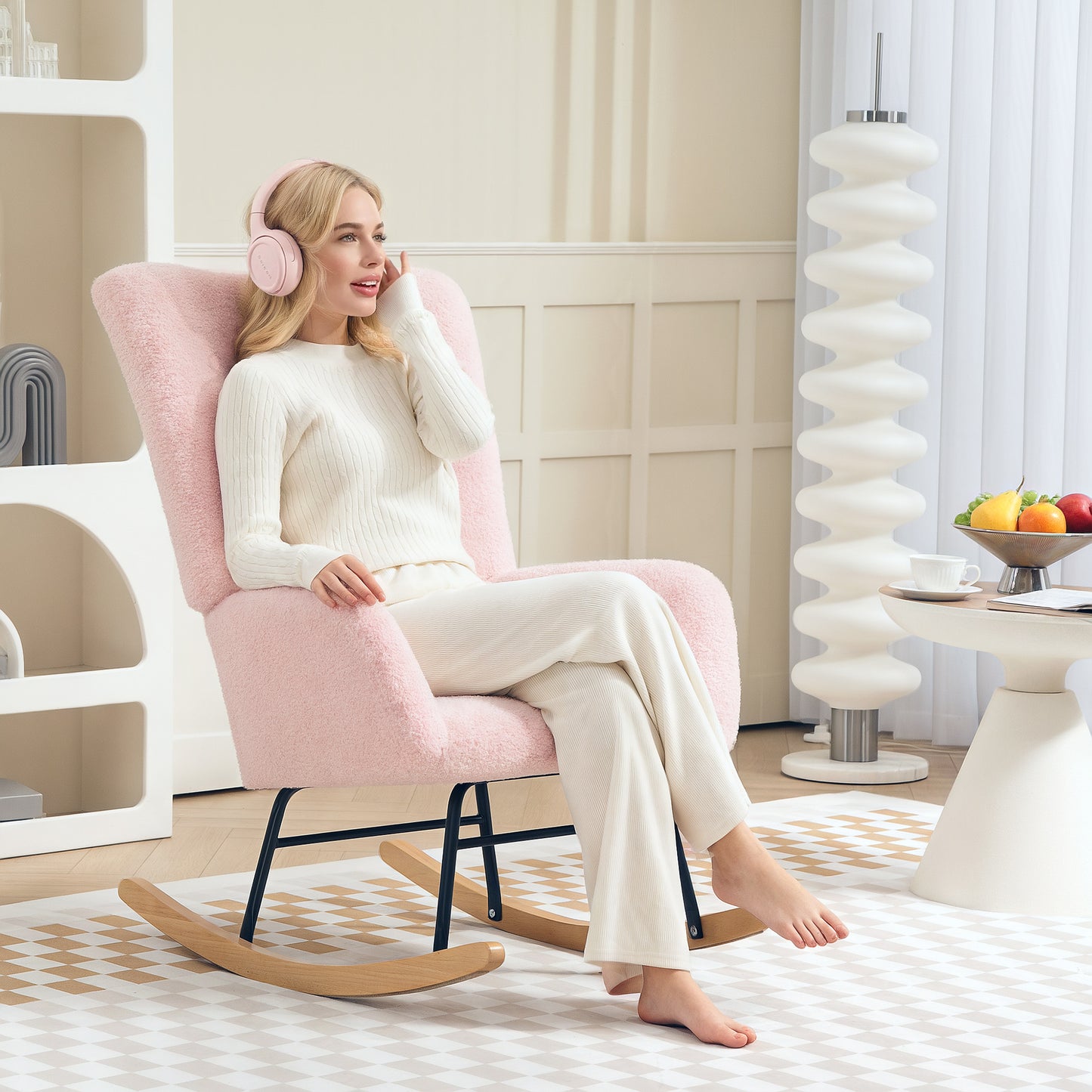 HOMCOM Teddy Fleece Rocking Chair Pink With Wood Feet Plush Upholstery For Comfort