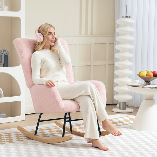 HOMCOM Teddy Fleece Rocking Chair Pink With Wood Feet Plush Upholstery For Comfort