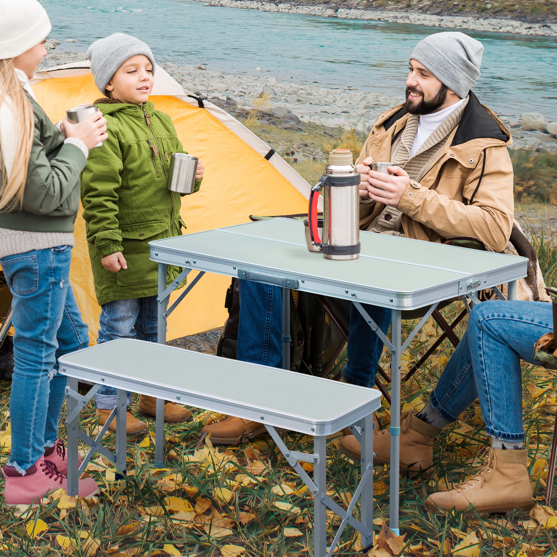 Outsunny Portable 3-Piece Folding Picnic Table and Bench Set for Outdoor Use - Lightweight Aluminum with Umbrella Hole - ALL4U RETAILER LTD