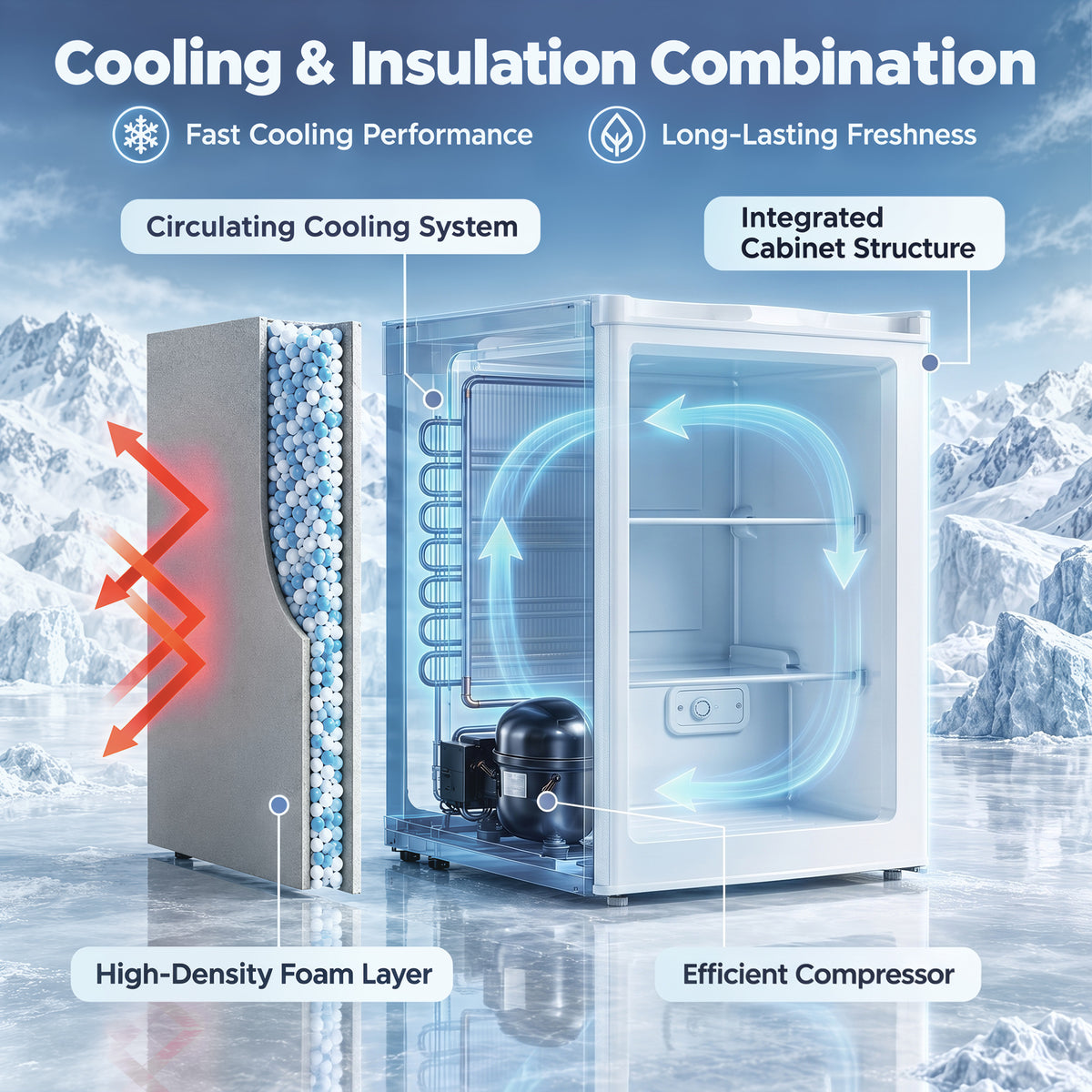 White countertop mini upright freezer open to show interior cooling system