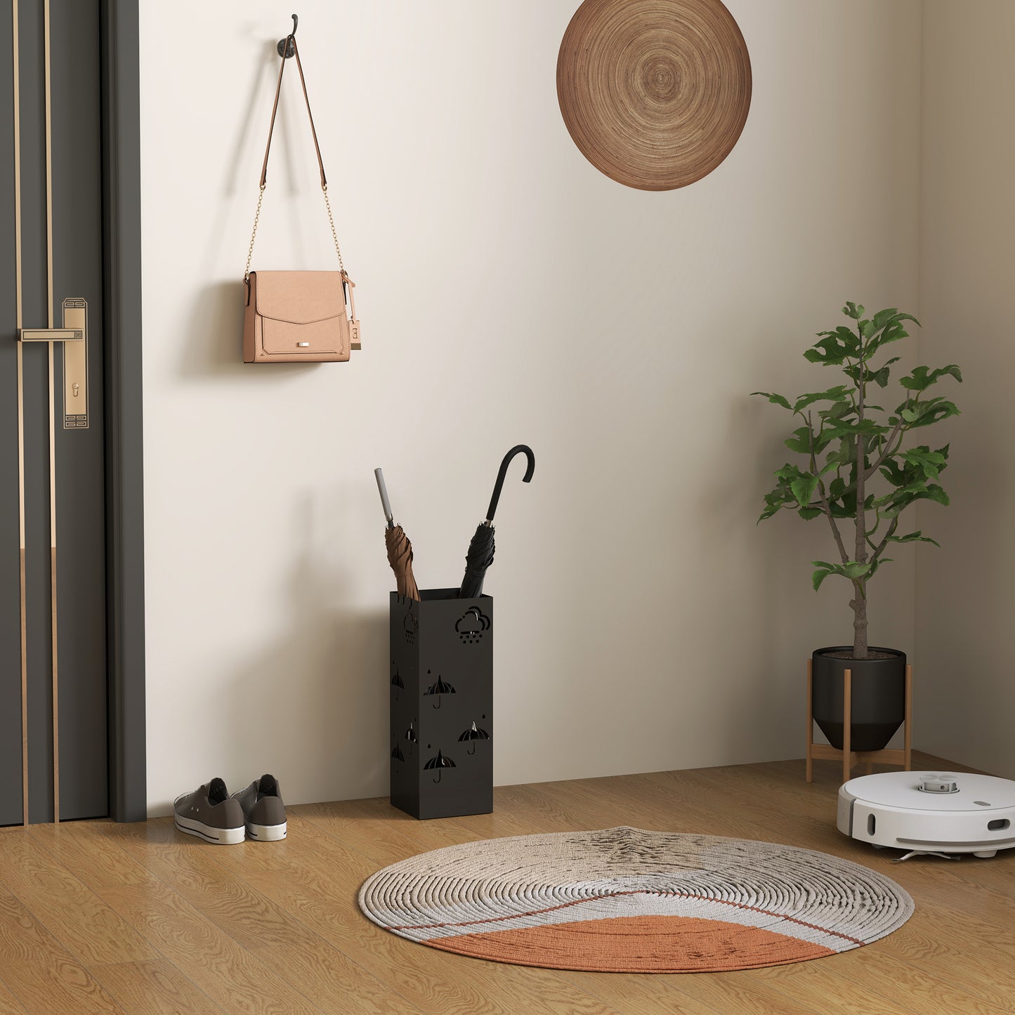 HOMCOM Metal Umbrella Stand Square Holder With Removable Drip Tray And Four Hooks For Hallway And Entryway Black