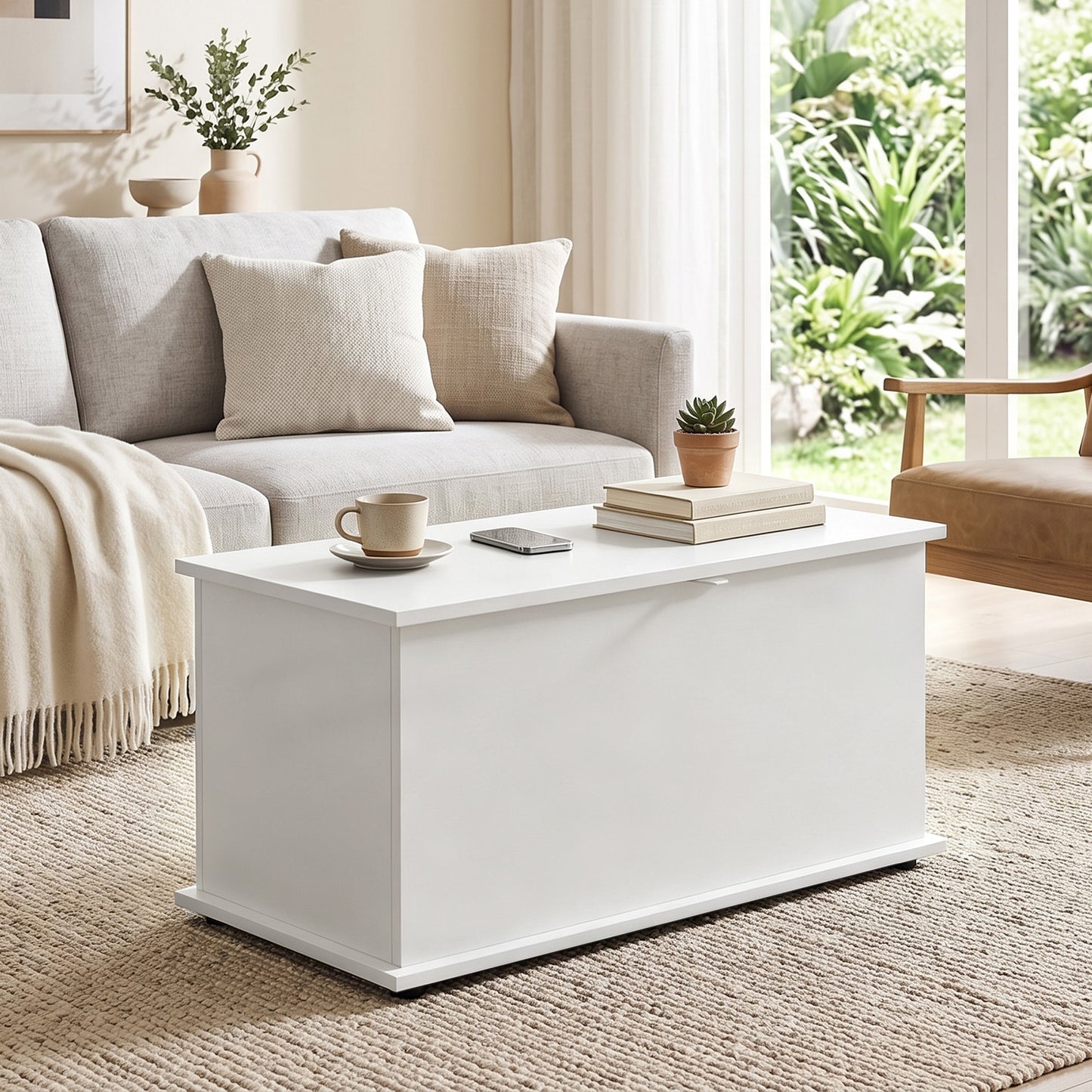 HOMCOM 102L Storage Chest Bench White Wooden Shoe Box With Safety Lid