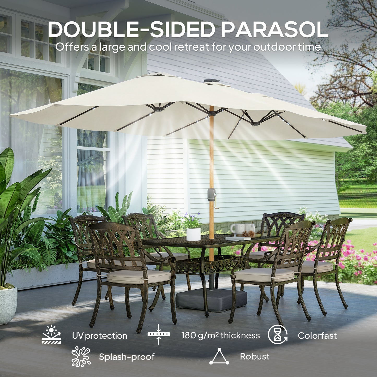Outsunny Double Sided Garden Parasol With Crank Handle Base Included And 48 Solar LED Lights 4.6m Cream Patio Umbrella