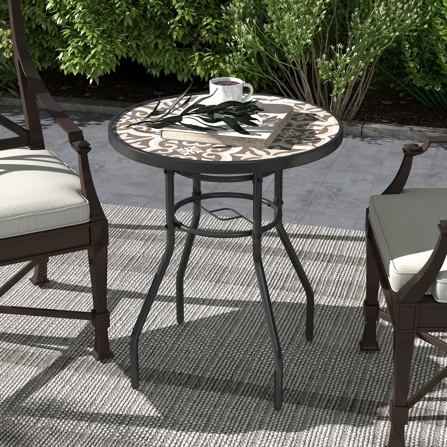 Outsunny Stylish Tan Brown Garden Bistro Table with Printed Glass Top and Durable Steel Frame - ALL4U RETAILER LTD