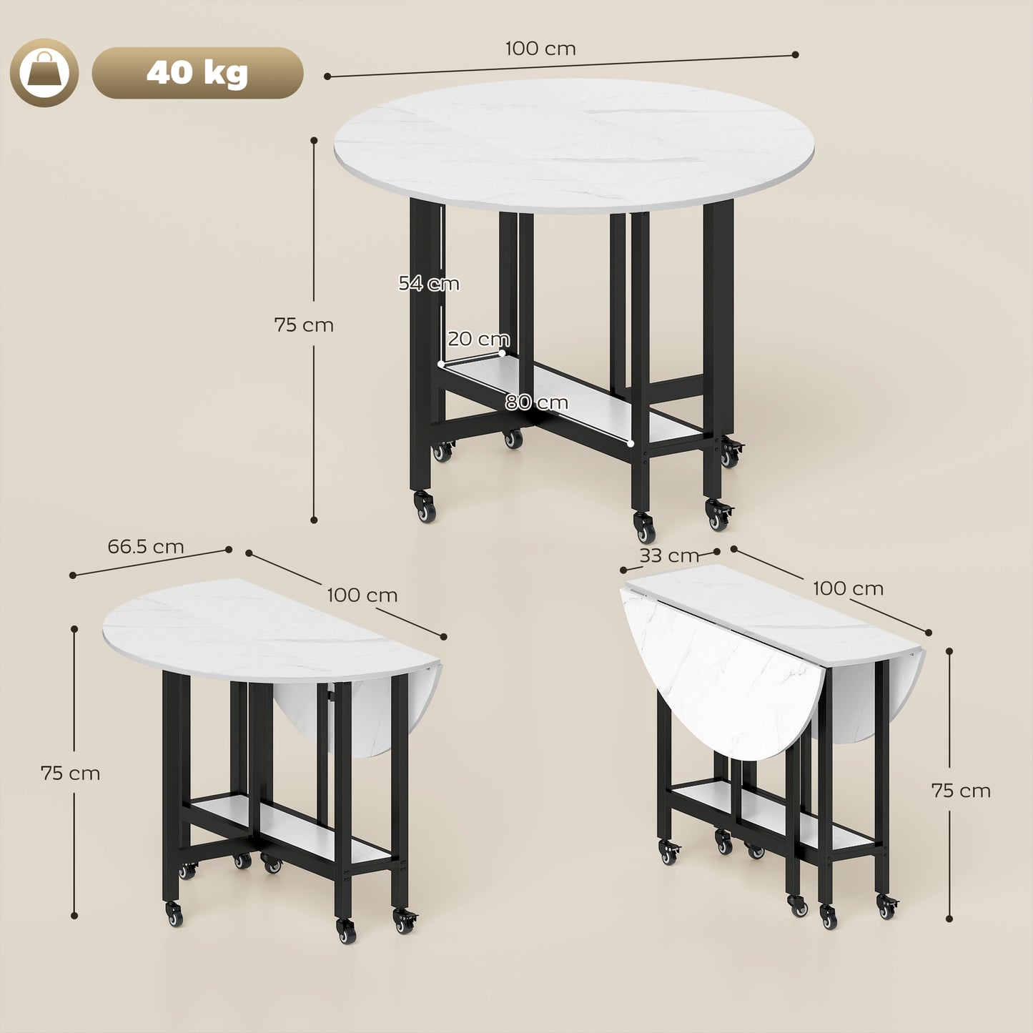 HOMCOM Folding Dining Table With Drop Leaf And Open Shelf On Wheels For Small Spaces White Marble